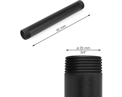 Čierna trubica lampy s rozmermi 80 mm dĺžka a 25 mm priemer