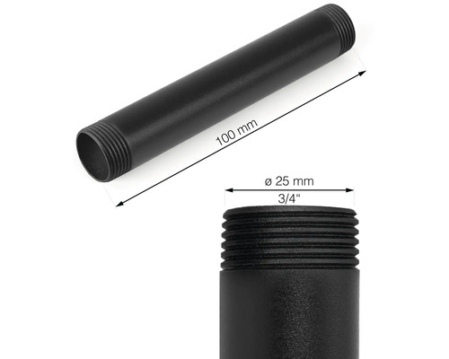 Čierna závitová rúrka s dĺžkou 100 mm a priemerom 25 mm (3/4 palca)