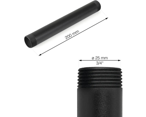 Čierna oceľová rúrka s priemerom 25 mm a dĺžkou 200 mm