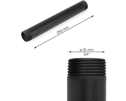 Čierna rúrka so závitovými koncami, dĺžka 250 mm a priemer 25 mm