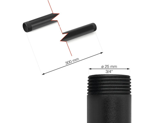 Detailný záber čiernej závitovej rúrky s dĺžkou 300 milimetrov a priemerom 25 milimetrov