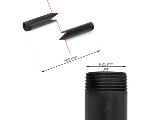 Obrázok čiernej závitovej rúrky s rozmermi 500 mm dĺžka a 25 mm priemer