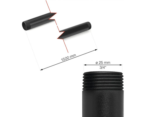 Obrázok čiernej oceľovej rúrky s dĺžkou 1500 mm a priemerom 25 mm.