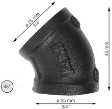 Čierna tvarovka z temperovanej liatiny, uhol 45 stupňov, priemer 25 mm