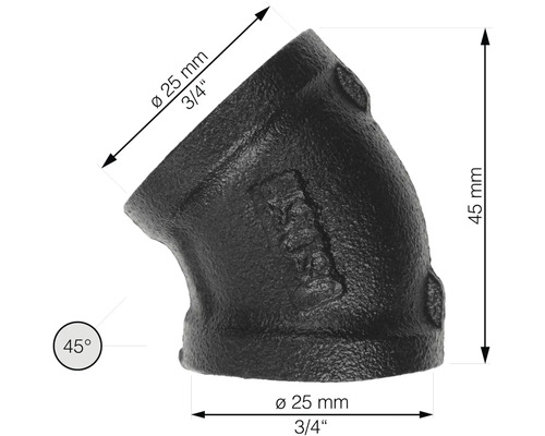 Čierna tvarovka z temperovanej liatiny, uhol 45 stupňov, priemer 25 mm