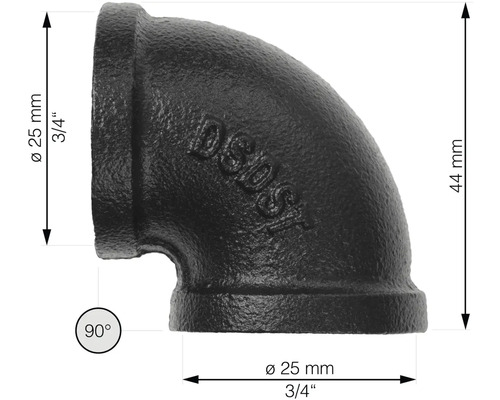 Liata oceľová rúrka, oblúk 90 stupňov, priemer 25 mm