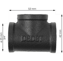 Obrázok liatinového T-kusu so šírkou 52 mm a výškou 42 mm.