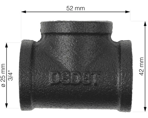 Obrázok liatinového T-kusu so šírkou 52 mm a výškou 42 mm.