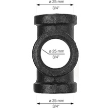 Čierny T-kus z liatiny, priemer 25 milimetrov, závit 3/4 palca