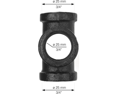 Čierny T-kus z liatiny, priemer 25 milimetrov, závit 3/4 palca