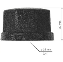 Čierna liatinová rúrková zátka s veľkosťou 3/4 palca a výškou 20 mm.