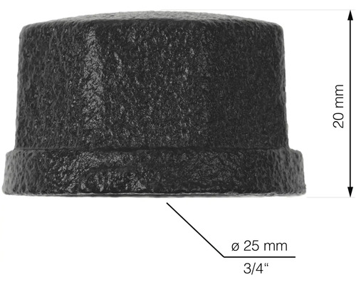 Čierna liatinová rúrková zátka s veľkosťou 3/4 palca a výškou 20 mm.
