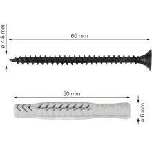 Obrázok 60-milimetrovej skrutky s priemerom 4,5 milimetra a 50-milimetrovej hmoždinky s priemerom 6 milimetrov.