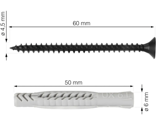 Obrázok 60-milimetrovej skrutky s priemerom 4,5 milimetra a 50-milimetrovej hmoždinky s priemerom 6 milimetrov.