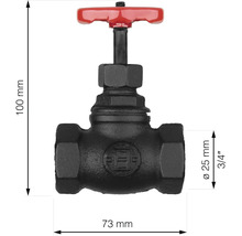 Kovový ventil s rozmermi 100 mm výška a 73 mm šírka