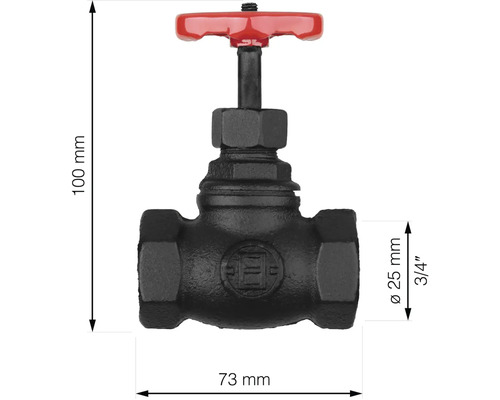 Kovový ventil s rozmermi 100 mm výška a 73 mm šírka