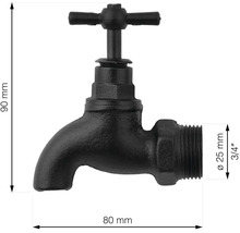 Kovový vodovodný kohútik, 90 mm vysoký, 80 mm široký, priemer 25 mm