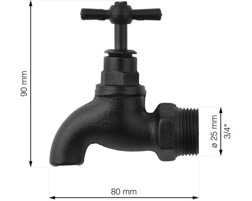 Kovový vodovodný kohútik, 90 mm vysoký, 80 mm široký, priemer 25 mm