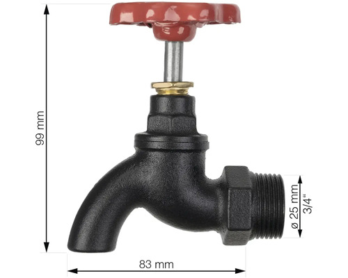 Vodovodný kohútik s priemerom 25 milimetrov a s 3/4 palcovým pripojením