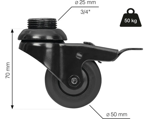 Otočné koliesko so závitom, priemer kolesa 50 milimetrov a nosnosť 50 kilogramov