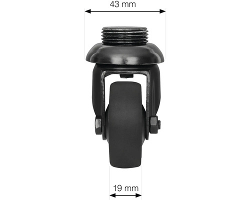 Nábytkové koliesko so závitom a rozmermi 43 mm a 19 mm