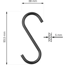 Technický nákres hákov v tvare S s rozmermi 93,5 mm dĺžka, 38 mm šírka a hrúbka materiálu 5 mm