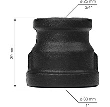 Čierna rúrková redukcia s rozmermi 25 milimetrov na 33 milimetrov a výškou 39 milimetrov.