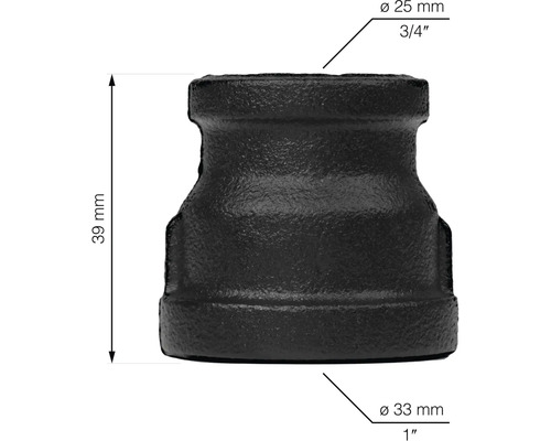 Čierna rúrková redukcia s rozmermi 25 milimetrov na 33 milimetrov a výškou 39 milimetrov.