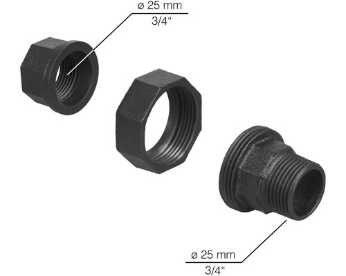 Šróbenie z temperovanej liatiny s priemerom 25 mm a palcovým závitom 3/4