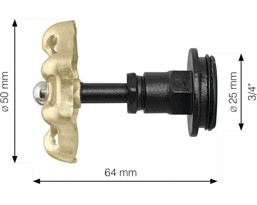 Mosadzný uzatvárací ventil s rozmermi 50, 25 a 64 milimetrov