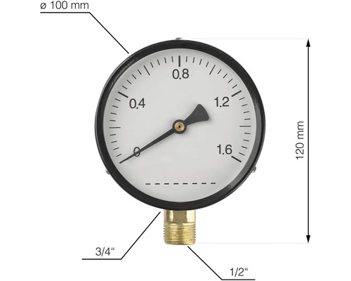 Manometer s priemerom 100 mm a výškou 120 mm, vybavený 3/4 palcovým a 1/2 palcovým pripojením