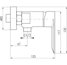Technický nákres rohového ventilu s rozmermi