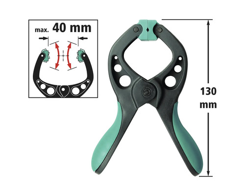 Pružinová svorka s dĺžkou 130 mm a maximálnou šírkou roztvorenia 40 mm.