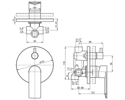 Technický nákres podomietkovej batérie s rozmermi