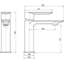 Technický nákres umývadlovej batérie s rozmermi