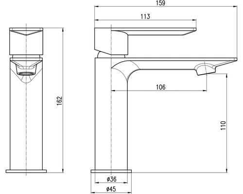 Technický nákres umývadlovej batérie s rozmermi
