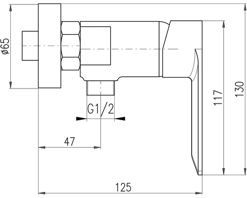 Technický nákres rohového ventilu s rozmermi