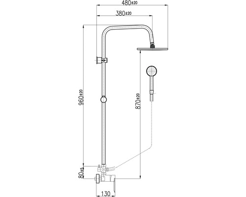 Technický nákres sprchového systému s rozmermi