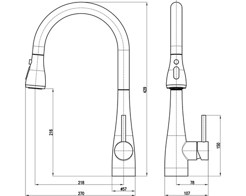 Technický nákres kuchynskej batérie s otočným výtokom a rozmermi.