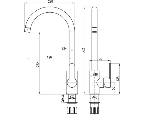 Technický výkres armatúry s rozmermi