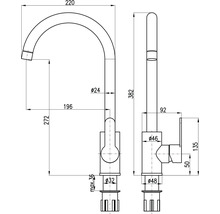 Technický nákres kuchynskej batérie s rozmermi.