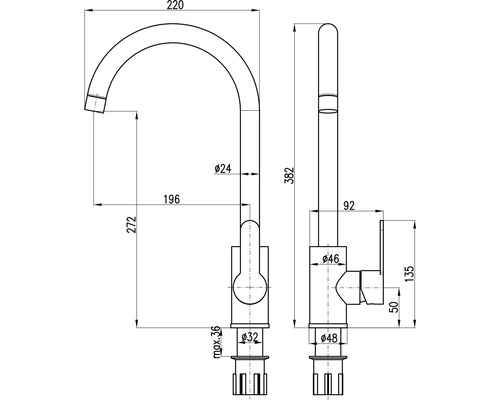 Technický nákres kuchynskej batérie s rozmermi.