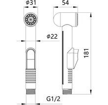 Technický nákres bidetovej sprchy s rozmermi