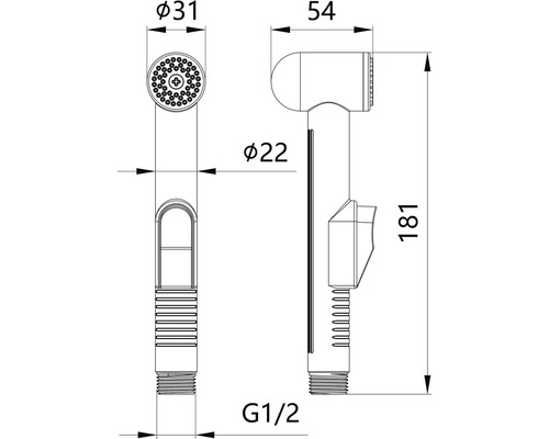 Technický nákres bidetovej sprchy s rozmermi