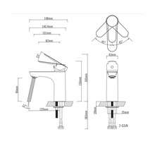 Technický nákres vodovodnej batérie s rozmermi