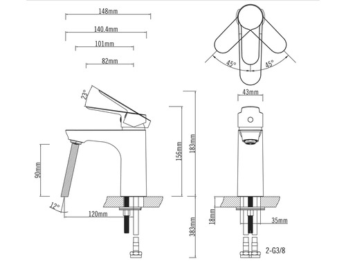 Technický výkres vodovodnej batérie s rozmermi