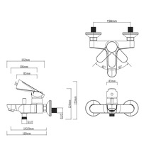 Technický nákres vodovodnej batérie s rozmermi