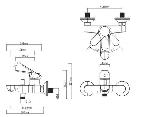 Technický nákres vodovodnej batérie s rozmermi