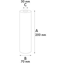Ilustrácia valca s rozmermi 250 mm výška, 70 mm vonkajší priemer a 30 mm vnútorný priemer