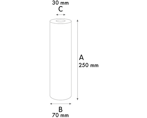 Ilustrácia valca s rozmermi 250 mm výška, 70 mm vonkajší priemer a 30 mm vnútorný priemer